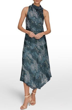 DKNY Print Sleeveless Mock Neck Maxi Dress in Blue Combo/Gold Foil at Nordstrom, Size 10
