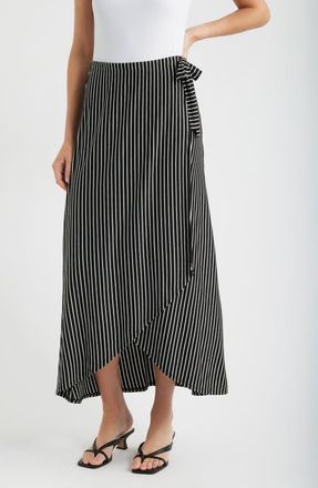 Loveappella Stripe Faux Wrap High-Low Knit Midi Skirt in Black at Nordstrom, Size X-Large