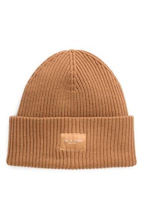 Rag & Bone Blake Logo Patch Wool Blend Rib Beanie in Ltbrown at Nordstrom Rack