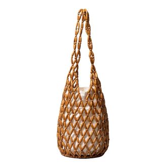 Generic Fiorky Straw Beach Bag for Women, Summer Straw Tote Bag Handbag Wooden Beading Hollow Out Tote Bags for Holiday Travels Date Bucket Shoulder Bags Hand