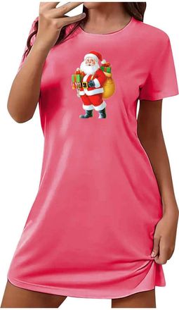 Generic Ladies Night Dresses Short Nightshirts For Women Soft Nightshirts For Women Santa Claus Print Nightwear Round Neck Ladies Short Sleeve Sleepwear Comfo