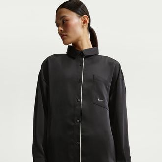Nike Womens Nike Sportswear Oversized Satin Long-Sleeve Top in Black | IM0575-010