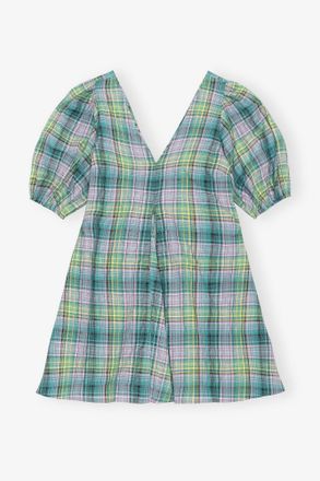 Ganni Green Seersucker Check V-Neck Mini Dress - Size 0 Organic Cotton