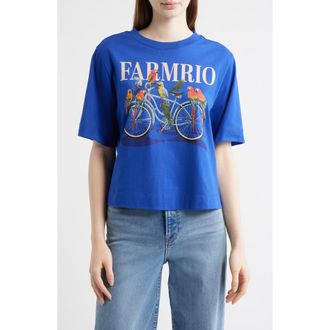 Farm Rio Bike Birds Graphic Boxy T-Shirt in Blue at Nordstrom, Size Xx-Small