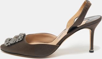 Manolo Blahnik Dark Green Satin Hangisli Slingback Pumps