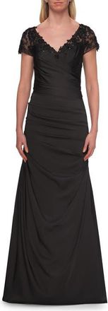 La Femme Ruched Satin Gown with Lace Cap Sleeves in Black at Nordstrom, Size 16