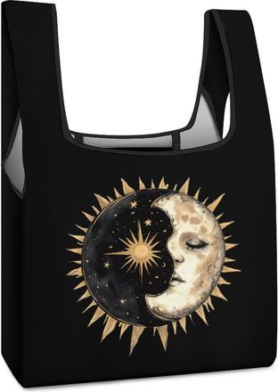 Generic Sun Moon Yin And Yang Reusable Shopping Bags Lightweight Foldable Grocery Bag Polyester Washable Tote Bag