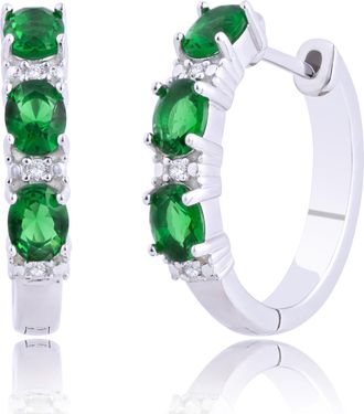 MAX + STONE 925 Sterling Silver Round Gemstone and Diamond Hoop Earrings