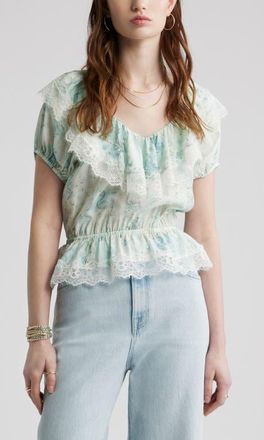 Treasure & Bond Lace Trim Puff Sleeve Peplum Top in Blue Wallpaper Collage at Nordstrom, Size Xx-Small