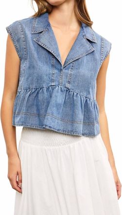 Mustard Seed Down For Denim Peplum Top In Blue