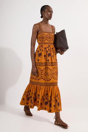Karen Millen Womens Floral & Geo Embroidered Woven Maxi Dress - Orange Cotton - Size 12 UK