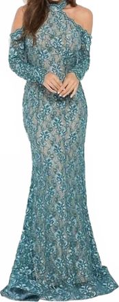Jovani Long Sleeve Cold-Shoulder Lace Evening Gown In Teal