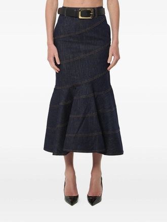 Self Portrait Indigo Denim Belted Midi Skirt
