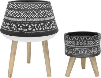 Flora Bunda 18In & 10In Tribal Fiberglass Plant Pot On Wood Stand, Set Of 2
