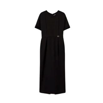 Twinset Kleedjes, Dames, Zwart, S, Milano Gebreid en Crêpe de Chine Jurk