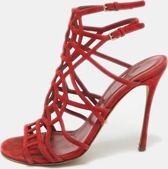 Sergio Rossi Red Suede Puzzle Caged Sandals