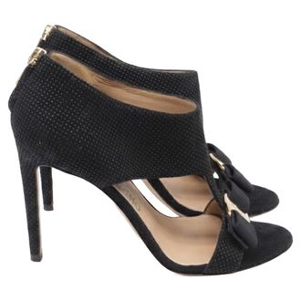 Ferragamo Bow T-Strap Sandal Heels in Black Suede