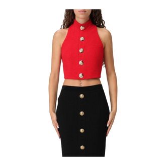 Balmain Sleeveless Tops, female, Red, Size: S Button Detail Top & Skirt Set