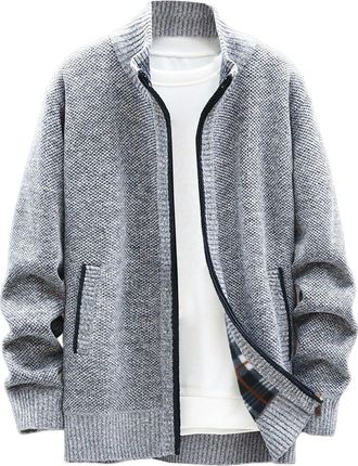 Generic Mens Large Size Padded Winter Zipper Lapel Long Sleeve Thickened Coat Mens Knit Sweater (Grey, XL)