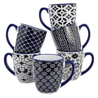 Elama Flyn 6 Piece 16 Ounce Assorted Design Stoneware Mug Set in Blue at Nordstrom