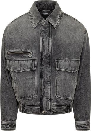 Versace Black Solid Shirt Collar Jacket