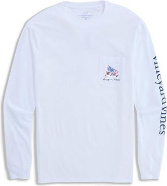 Vineyard Vines Painted Shining Sea Flag Long Sleeve T-Shirts Mens T Shirt White Cap : SM, Cotton