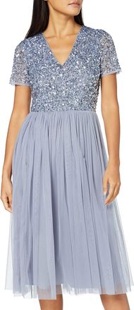 Maya Womens Maya Deluxe Embellished Midi Evening for Women Ladies V Neckline With Short Sleeve Prom We Bridesmaid Dress, Dusty Blue, 16 UK