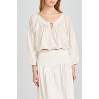 Wayf Mia Boho Lace Trim Gathered Stretch Cotton Top in Ivory at Nordstrom, Size X-Small