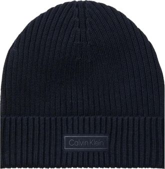 Calvin Klein logo-patch ribbed beanie - men - Cotton/Cashmere - One Size - Blue