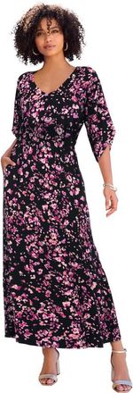 Roaman's Plus Size Stretch Knit Dolman Sleeve Maxi Dress in Black Abstract Ditsy at Nordstrom, Size 40