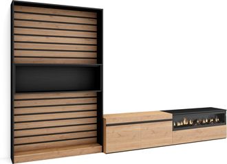 Skraut Home Skraut Home - Muebles De Sal&oacute;n Para Tv, Conjunto De Muebles Comedor, 310x186x35cm, Para Tv Hasta 80, Chimenea El&eacute;ctrica, Estilo Moderno, Roble Y Negro