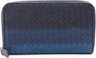 Bottega Veneta Black Blue Navy Intrecciato Long Wallet (Bi-Fold) (Pre-Owned)