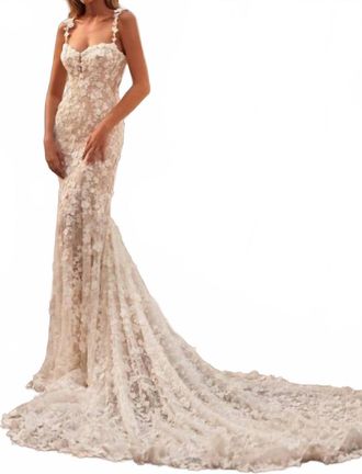 Sherri Hill Lace Appliques Two Strap Wedding Gown In Ivory/nude