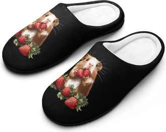 Generic Guinea Pigs And Strawberry Mens Soft Cotton Slippers with Memory Foam Anti-skid House Shoes for Travel Indoor Outdoor