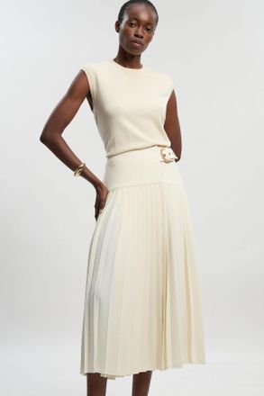 Karen Millen Womens Petite Tailored Crepe Pleated Wrap Buckle Detail Maxi Skirt - White - Size 10 UK