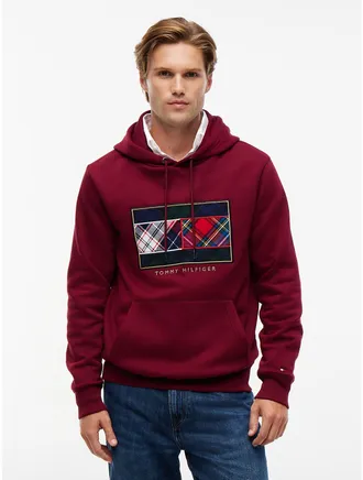 Tommy Hilfiger Mens Mixed-Plaid Flag Brushed-Back Hoodie - Burgundy - XXL