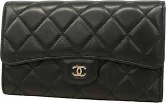 Chanel Black Leather Long Wallet (Tri-Fold) (Pre-Owned)