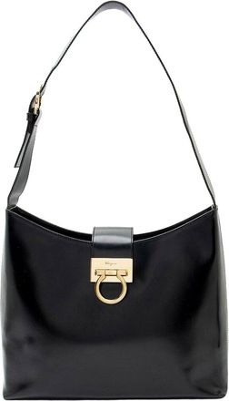Ferragamo Black Leather Gancio Trifolio Large Shoulder Bag (Authentic Pre-Loved)