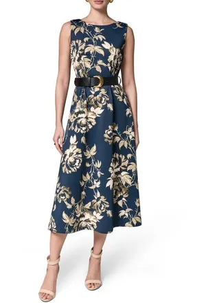 DKNY Floral Belted Stretch Fit & Flare Midi Dress in Night Sky at Nordstrom, Size 14