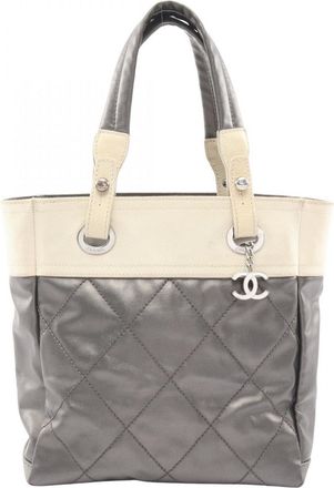 Chanel Brown Ivory Coated Canvas Leather Tote Bag (Pre-Owned)
