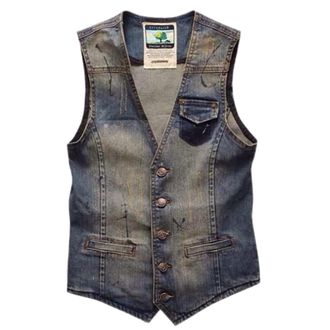 Generic Denim Waistcoats For Men Uk | Cowboy Waistcoat Men Black Classic Gilet Button Multi-Pocket Gilet Vintage Classic Gilet Washed Denim Jacket V Neck Moto