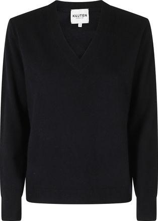 Kujten Lita Black Long-Sleeve V-Neck Cashmere Sweater