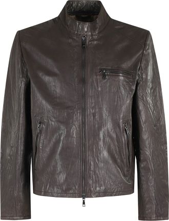 Seventy Brown Round Neck Flap Pocket Leather Jacket