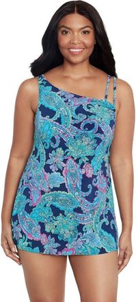 Trimshaper Brianna Adjustable Side-Tie Coverage Swimdress in Peaceful Paisley at Nordstrom, Size 14