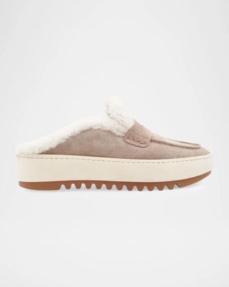 Aquatalia Amata Shearling-Lined Waterproof Suede Mules