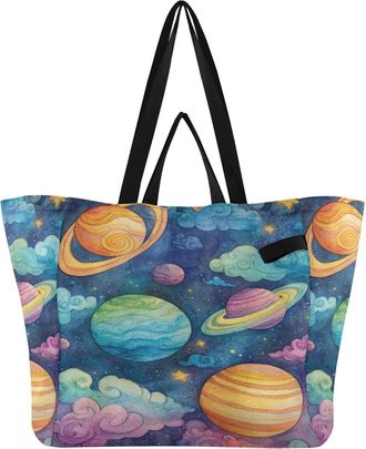 Generic Planets Clouds Blue pattern Reusable Canvas Tote Bag, Heavy Duty Grocery Shopping Bag with Double Handles Large Capacity Hard Bottom Work Groceries Tr
