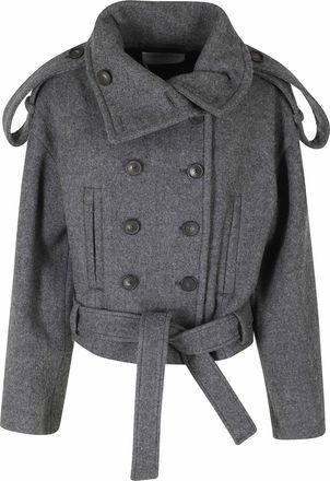 7 For All Mankind Grey High Neck Short Double-Breasted Wool Coat
