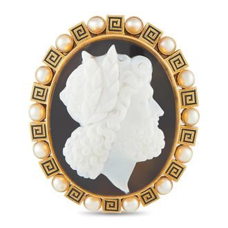 Luxury Bazaar Antique 18K Yellow Gold Mudstone and Pearl Cameo Brooch MF23-080726