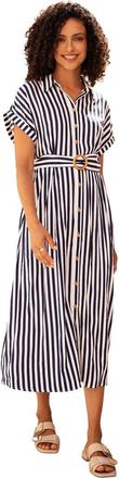 Yumi Stripe Print Belted Midi Shirt Dress in Navy at Nordstrom, Size 18