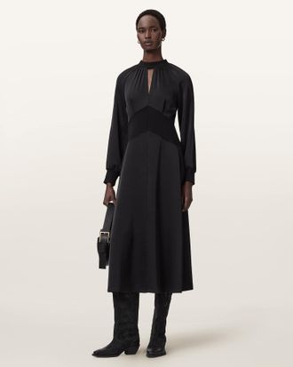 AllSaints Polyester Roya Ribbed Trim Midi Dress, Size: UK 14/US 10